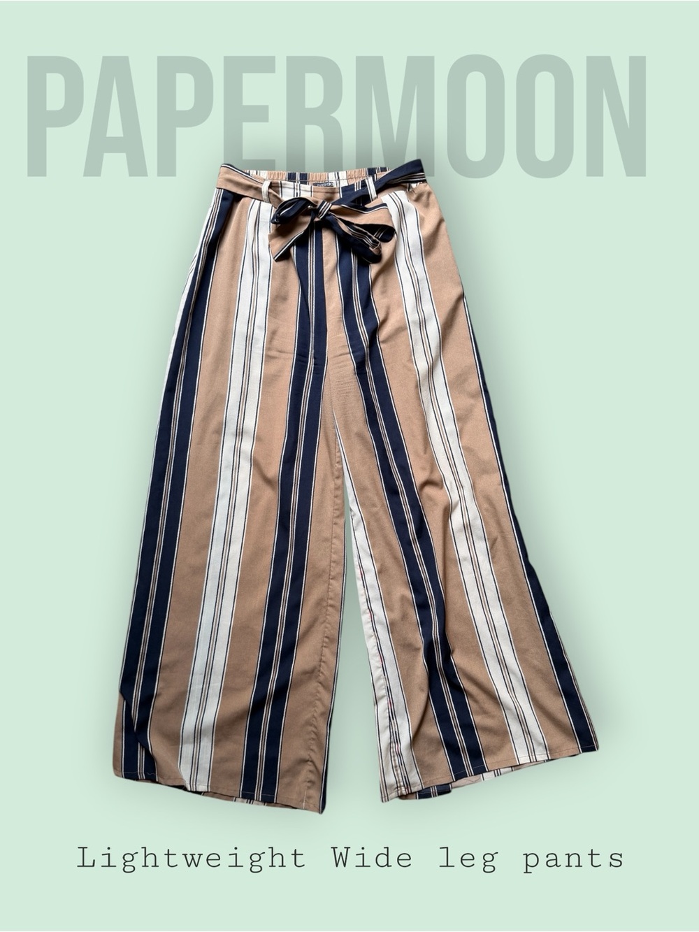 Papermoon Stitch Fix Striped Wide Leg Pants Camel Navy Tie Waist - Large